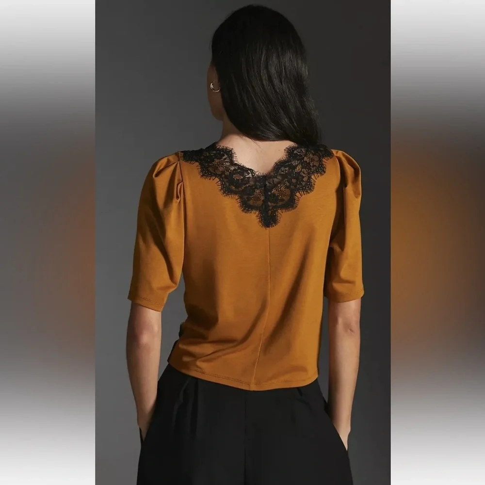 By Anthropologie Women Size S Mustard Lace Trim Top Blouse V-Neck Short Sleeve - Picture 2 of 11